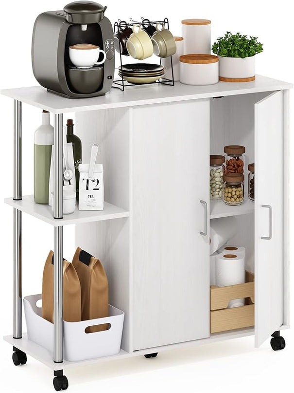 Furinno Helena Utility Kitchen Island and Storage Cart on Wheels, 3-Tier, Stainless Steel Tubes, White Oak/Chrome - LeafyLoom