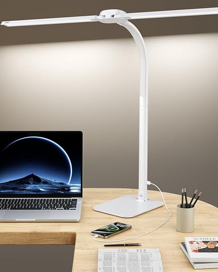 Desk Lamp with USB Charging Port for Home Office 24w Architect Remote Base Dual Task Led Light Modern 5 Color Modes Dimmable Adjustable Gooseneck Double Head Reading Drafting Eye Caring Tall Lamps - LeafyLoom