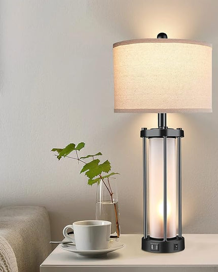 Table Lamps for Living Room Set of 2,26" Tall Bedside Farmhouse Table Lamps with LED Lantern Nightlight,Bedroom Nightstand Lamps with Dual USB Port Beige Fabric Shade (Bulbs Included) - LeafyLoom
