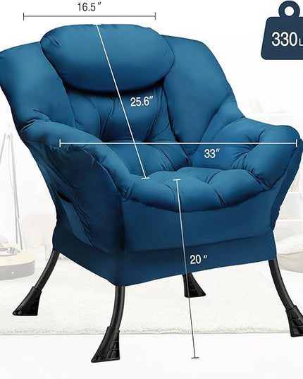 Fabric Lazy Chair Large Accent Chair,Velvet Frabic Modern Lounge Reading Chair with Armrests & Side Pocket,Upholstered Armchair for Living Room,Bedroom,Dorm,Blue - LeafyLoom