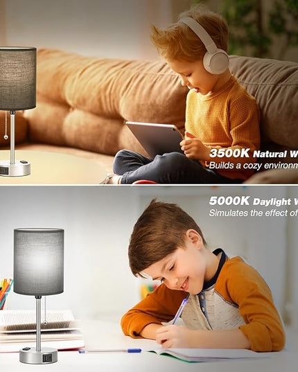 Dicoool Black Table Lamp for Bedroom - 3 Color Temperature Bedside Lamp with USB C and A Ports, Pull Chain Lamp for Bedroom with AC Outlet, Nightstand Lamp with Silver Metal Base for Kids Boys - LeafyLoom