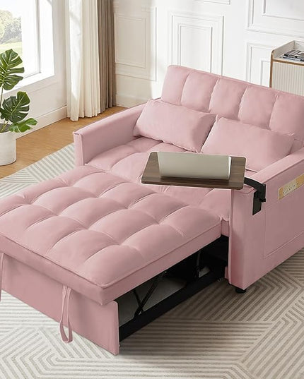3 in 1 Loveseat Sofa Bed, Pull Out Couch Sleeper with Storage, Full Size Velvet Convertible Chair with 2 Pockets & 2 Pillows for Living Room, Pink - LeafyLoom