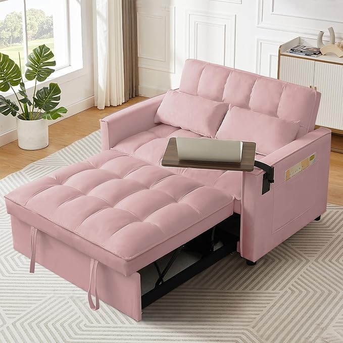 3 in 1 Loveseat Sofa Bed, Pull Out Couch Sleeper with Storage, Full Size Velvet Convertible Chair with 2 Pockets & 2 Pillows for Living Room, Pink - LeafyLoom