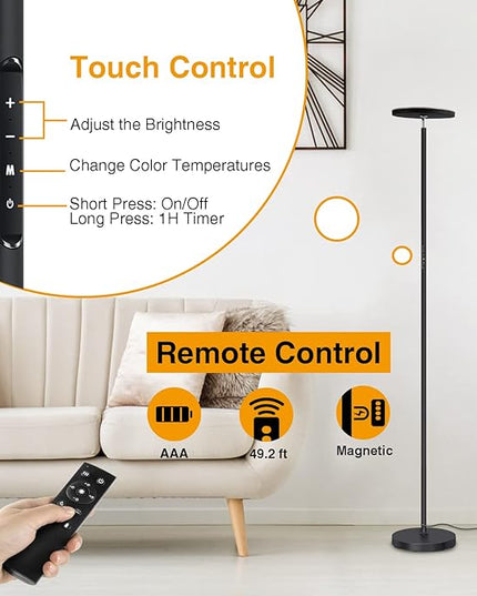 OUTON Floor Lamp, 30W/3000LM LED Modern Torchiere Sky Lamp, Super Bright Dimmable Standing Tall Lamp with 4 Color Temperatures, Remote Touch Control, 1 Hour Timer for Living Room Bedroom Office, Black - LeafyLoom