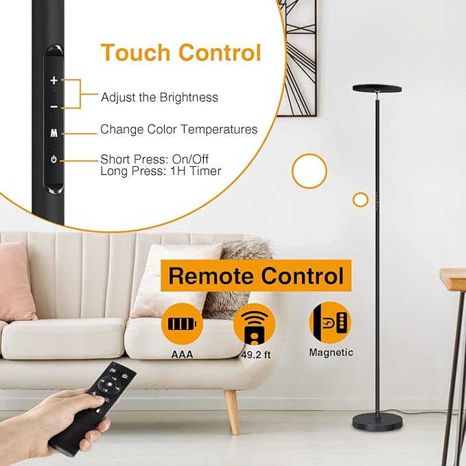 OUTON Floor Lamp, 30W/3000LM LED Modern Torchiere Sky Lamp, Super Bright Dimmable Standing Tall Lamp with 4 Color Temperatures, Remote Touch Control, 1 Hour Timer for Living Room Bedroom Office, Black - LeafyLoom