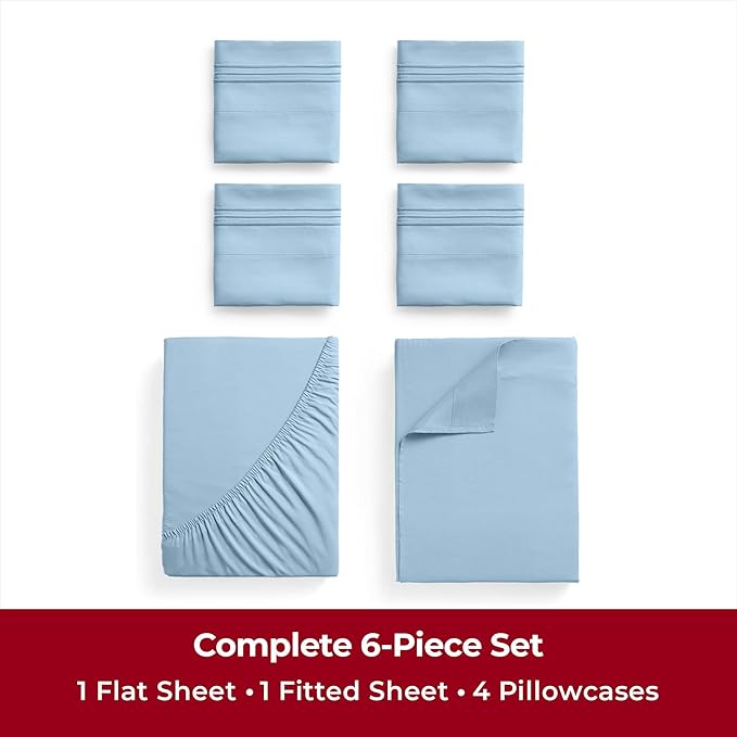 Mellanni Full Sheets Set - 6 PC Iconic Collection Bedding Sheets & Pillowcases - Hotel Luxury, Ultra Soft, Cooling Bed Sheets - Deep Pocket up to 16 inch - 6 PC (Full, Light Blue w/Extra Pillow Cases) - LeafyLoom