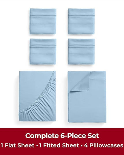 Mellanni King Sheets Set - 6 PC Iconic Collection Bedding Sheets & Pillowcases - Hotel Luxury, Ultra Soft, Cooling Bed Sheets - Deep Pocket up to 16 inch - 6 PC (King, Light Blue w/Extra Pillow Cases) - LeafyLoom