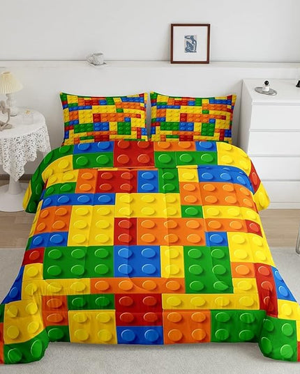 Feelyou Games Comforter Set Queen Building Blocks Bedding Set for Kids Boys Girls Colorful Geometric Toy Brick Comforter Gaming Nursery Quilt Duvet Set with 2 Pillowcase Boys - LeafyLoom