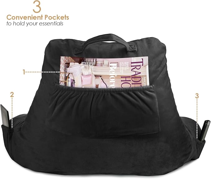 Clara Clark Reading Pillow, Standard Back Pillow for Sitting Up in Bed, Memory Foam Back Support Pillow, Reading Pillows for Sitting in Bed, Black Sit Up Pillow for Bed Chair Arm Pillow with Pockets - LeafyLoom