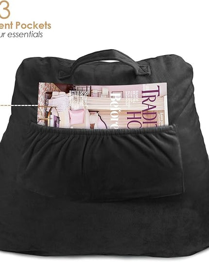 Clara Clark Reading Pillow for Kids, Small Back Pillow for Sitting Up in Bed, Memory Foam Back Support Pillow, Reading Pillows for Sitting in Bed, Black Gaming Pillow for Bed, with Arms and Pockets - LeafyLoom