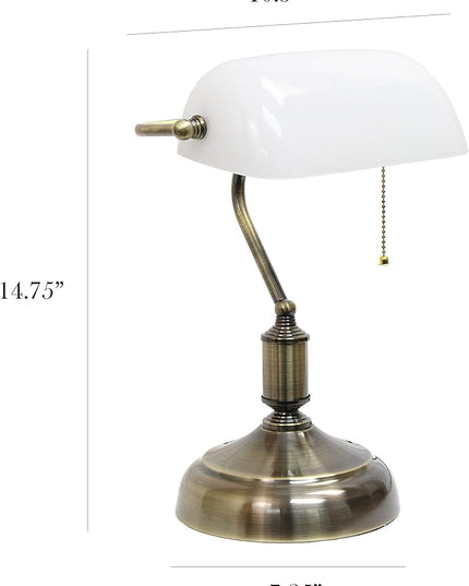 Simple Designs LT3216-WHT Executive Banker's Desk Lamp with Glass Shade, White, Antique Nickel/White, 10 x 8.66 x 14.75 - LeafyLoom