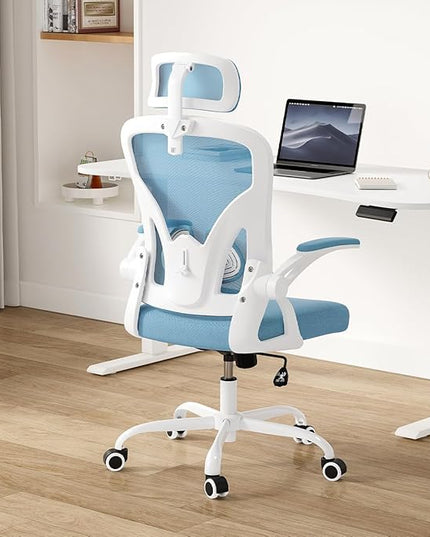 Farini Ergonomic Office Chair, Home Office Desk Chair with Headrest, High Back Computer Chair with Flip-up Armrests and Adjustable Lumbar Support for Home Office Study Room (with Headrest, Blue) - LeafyLoom