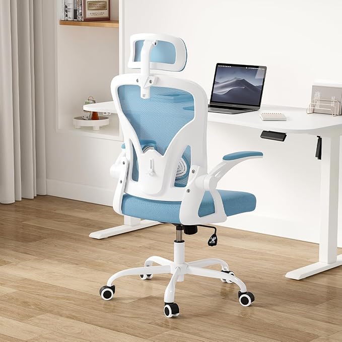 Farini Ergonomic Office Chair, Home Office Desk Chair with Headrest, High Back Computer Chair with Flip-up Armrests and Adjustable Lumbar Support for Home Office Study Room (with Headrest, Blue) - LeafyLoom