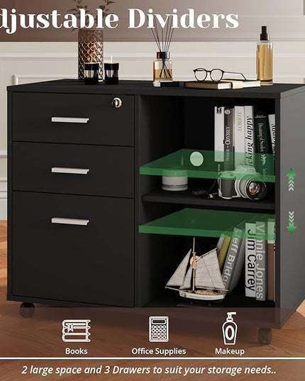 Maxtown Wood Filing Cabinet, Mobile Lateral Filing Cabinet with Lock, 3 Drawer Filing Cabinet with Open Storage Shelves, Printer Stand with Storage, Oak Grain - LeafyLoom