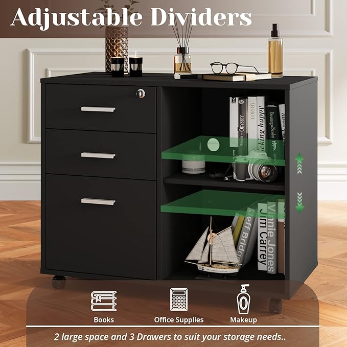 Maxtown Wood Filing Cabinet, Mobile Lateral Filing Cabinet with Lock, 3 Drawer Filing Cabinet with Open Storage Shelves, Printer Stand with Storage, Oak Grain - LeafyLoom