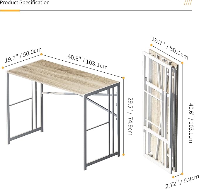 Folding Desk 40 inch Writing Gaming Computer Camping Table, No Assembly Required Home Office Desk, Beige - LeafyLoom