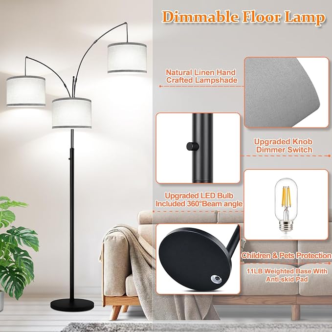 Dimmable Floor Lamp, 3 Lights Arc Floor Lamps for Living Room, Modern Tall Standing Tree Lamp with Gray Linen Shade & Heavy Base, Large Floor Lamp for Bedroom Office, 3x1000 LM LED Bulbs Included - LeafyLoom