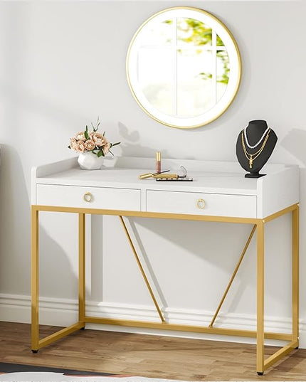 Tribesigns White Gold Computer Desk with 2 Drawers, Modern Desk 41.3 inch Simple Study Writing Desks with Storage, White Gold Makeup Vanity Desk for Home Office Bedroom Console Table - LeafyLoom