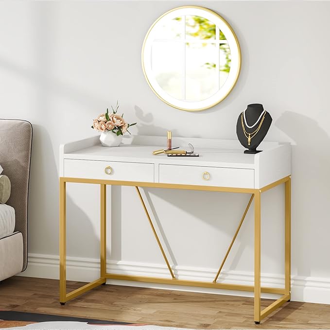 Tribesigns White Gold Computer Desk with 2 Drawers, Modern Desk 41.3 inch Simple Study Writing Desks with Storage, White Gold Makeup Vanity Desk for Home Office Bedroom Console Table - LeafyLoom