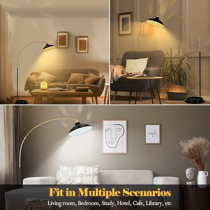 Arc Floor Lamp for Living Room, Marble Base Standing Lamp - Black Gold Floor Lamps with 360° Rotatable Arm, Industrial Tall Lamp Metal Material, Reading Lamp for Bedroom Couch Sofa Desk - LeafyLoom