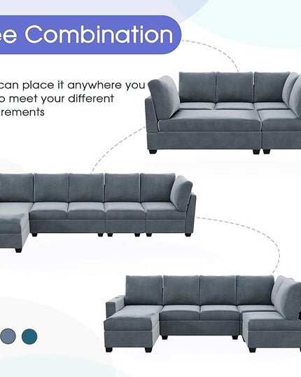 138" Convertible Sofa Velvet U Shaped Couch with Reversible Modular Sectional Sofa&Couch 6 Seater with Chaise Lounge,Freely Combinable Indoor Furniture for Living Room, Apartment, Grey-A - LeafyLoom