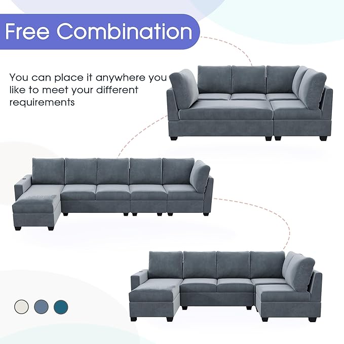 138" Convertible Sofa Velvet U Shaped Couch with Reversible Modular Sectional Sofa&Couch 6 Seater with Chaise Lounge,Freely Combinable Indoor Furniture for Living Room, Apartment, Grey-A - LeafyLoom