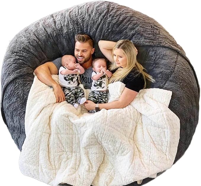 6FT Giant Faux Fur Bean Bag Cover for Adults, Round Fluffy Bean Bag Bed (No Filler), Machine Washable Big Size - LeafyLoom