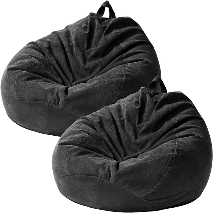 2 Pcs Bean Bag Cover Stuffed Animal Storage Bean Bag Chair Cover Soft Corduroy Stuffed Animal Bean Bag Storage for Kids Adults Indoor Bedroom Organizing Plush Toys(Black, 200L) - LeafyLoom