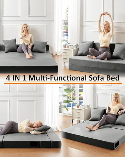 Single Size Folding Lazy Sofa Bed - Convertible Floor sofa with Two Large Pockets Lounge Chaise - Memory Foam Floor mattress Foldable for Living Room/Dorm/Guest/Home Office/Apartment (Dark Grey) - LeafyLoom