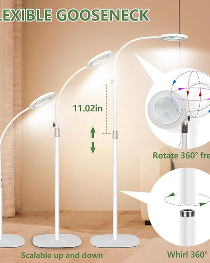 HITTI 10X&15X Floor Magnifying Glass with Light, Flexible Gooseneck Magnifying Floor Lamp, 3 Color Modes Stepless Dimmable Hands Free LED Lighted Magnifier Stand for Close Work Jewellery Esthetican - LeafyLoom
