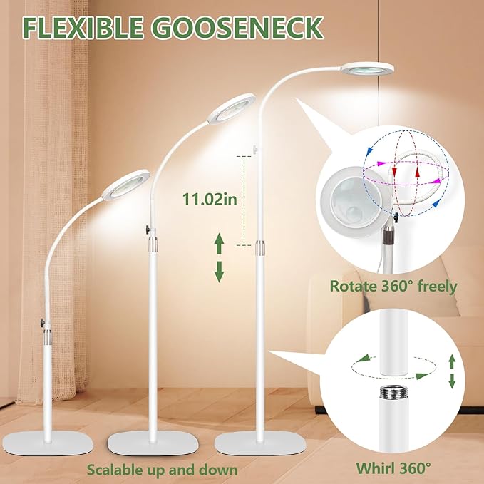 HITTI 10X&15X Floor Magnifying Glass with Light, Flexible Gooseneck Magnifying Floor Lamp, 3 Color Modes Stepless Dimmable Hands Free LED Lighted Magnifier Stand for Close Work Jewellery Esthetican - LeafyLoom