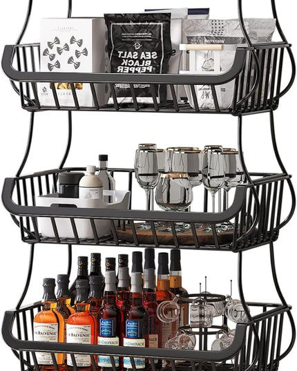Wisdom Star 5 Tier Fruit Vegetable Basket for Kitchen with Wooden Tabletop, Storage Cart Vegetable Basket Bins for Onions and Potatoes, Wire Storage Basket Organizer Utility Cart with Wheels, Black - LeafyLoom
