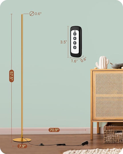 EDISHINE LED Corner Floor Lamp with Remote, 57.5" Minimalist Dimmable Light Pole, Standing Tall Moody Lamp for Living Room, Bedroom, Office, 3000K Warm White Light (Gold) - LeafyLoom