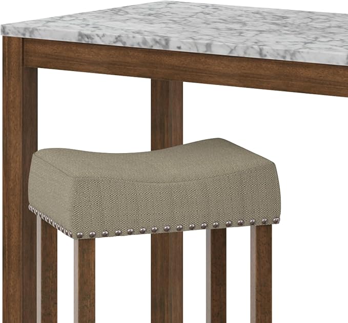 Nathan James Viktor 3 Piece Set, Heigh Kitchen Counter Pub Dining or Breakfast Table with Marble Top and Fabric Wood Base Seat, Beige/Light Brown - LeafyLoom