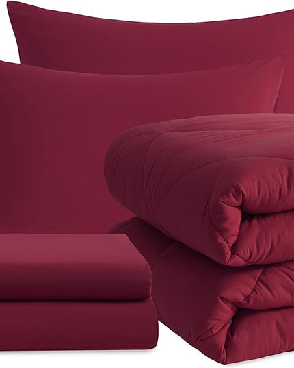 NTBAY Twin Comforter Set with Sheets, 5 Pieces Soft and Breathable Twin Bedding Set, Twin Bed in a Bag, Down Alternative Comforter Set Solid Color All Season, Kids Bedding Set, Wine Red - LeafyLoom