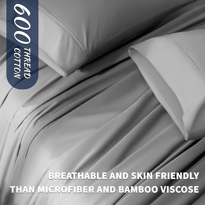 Shilucheng 100% Cotton King Size Sheets Set - 600 Thread Count，Luxury Egyptian Cotton Bed Sheets，5-Star Hotel Quality Sheets, Breathable & Cooling, 16 Inch Deep Pocket - 4 Piece (Grey, King) - LeafyLoom