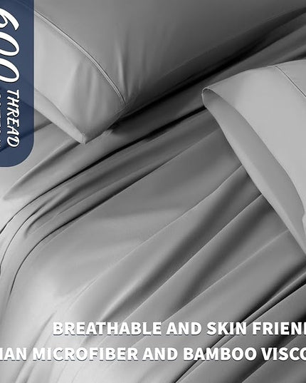 Shilucheng 100% Cotton Queen Size Sheets Set - 600 Thread Count，Luxury Egyptian Cotton Bed Sheets，5-Star Hotel Quality Sheets, Breathable & Cooling, 16 Inch Deep Pocket - 4 Piece (Grey, Queen) - LeafyLoom