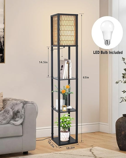 Floor Lamp with Shelves, Corner Floor Lamps for Living Room, Boho Floor Lamp with LED Bulb & Double Shades, Rattan Standing Lamp for Bedroom Office, Shelf Tall Lamp for Storage Display, Home Decor - LeafyLoom