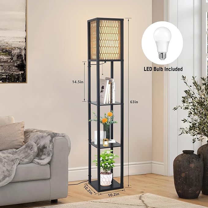 Floor Lamp with Shelves, Corner Floor Lamps for Living Room, Boho Floor Lamp with LED Bulb & Double Shades, Rattan Standing Lamp for Bedroom Office, Shelf Tall Lamp for Storage Display, Home Decor - LeafyLoom