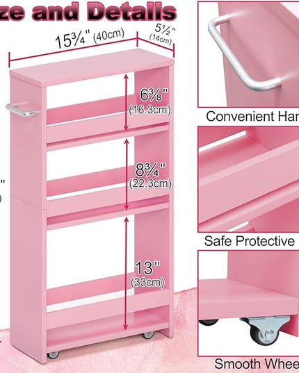 MARTY Pink Slim Storage Cart, 4-Tier Rolling Bookshelf Kitchen Cart on Wheels, Laundry Room Organization with Handle Slide Out Utility Cart Shelving Unit Trolley for Narrow Places - LeafyLoom