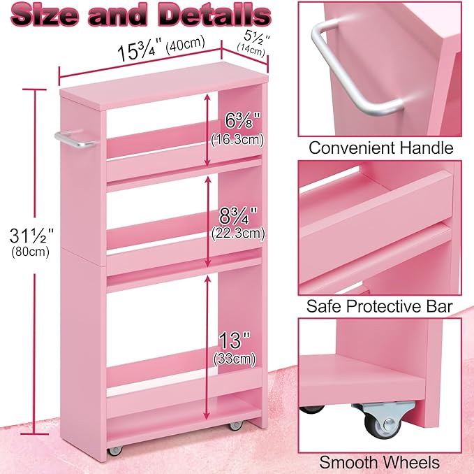 MARTY Pink Slim Storage Cart, 4-Tier Rolling Bookshelf Kitchen Cart on Wheels, Laundry Room Organization with Handle Slide Out Utility Cart Shelving Unit Trolley for Narrow Places - LeafyLoom