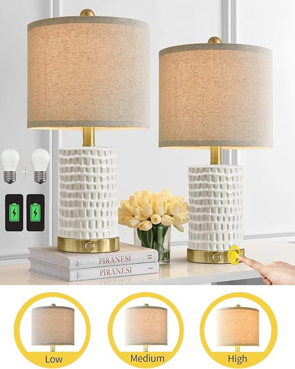 PORTRES 19" Farmhouse 3-Way Dimmable Touch Ceramic Table Lamp Set of 2 for Bedroom White Bedside Lamps with USB A+C Charging Ports for Living room Nightstand Lamp End Table lamps - LeafyLoom