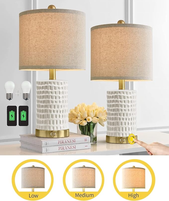 PORTRES 19" Farmhouse 3-Way Dimmable Touch Ceramic Table Lamp Set of 2 for Bedroom White Bedside Lamps with USB A+C Charging Ports for Living room Nightstand Lamp End Table lamps - LeafyLoom