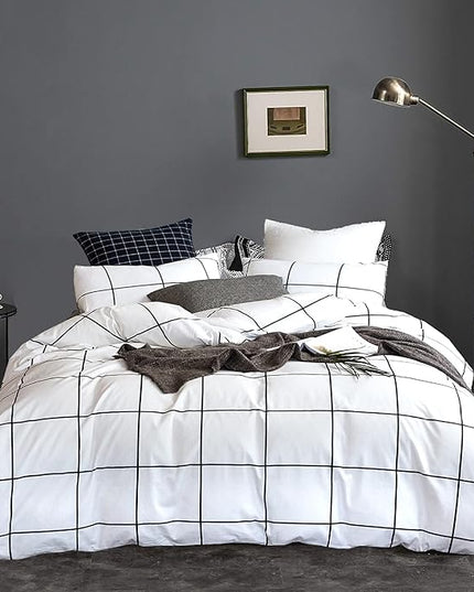 White Grid Comforter Set Big Grid Bedding Set Twin Cotton White with Black Plaid Printed Stripes Women Checkered Comforters Bedding Set White Grid Bed Blanket Set White Plaid Comforter - LeafyLoom