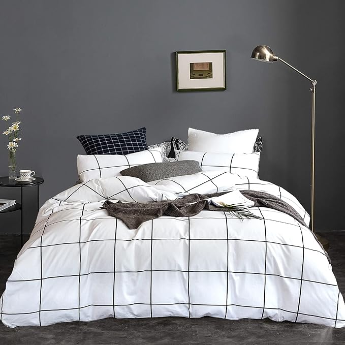 White Grid Comforter White Plaid Bedding Set Twin White with Black Line Stripes Boys Checkered Comforters Bedding Set Girls White Grid Comforter Set Twin - LeafyLoom