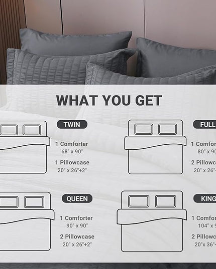 HYMOKEGE Seersucker Queen Comforter Set 3 Pieces, Lightweight Comforter Sets for Bedding, Bed Set with 1 All Season Soft Down Alternative Comforter and 2 Pillow Shams, Dark Grey - LeafyLoom