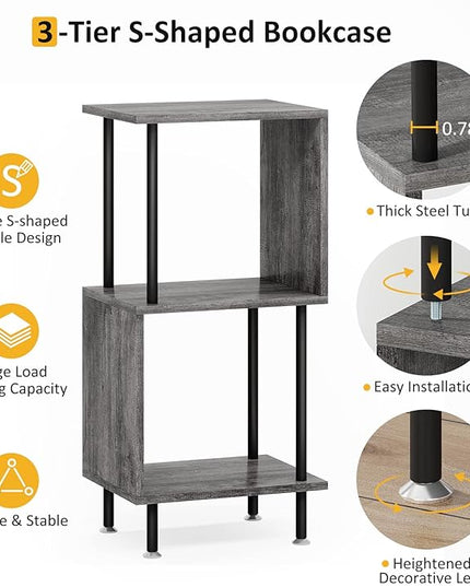 3 Tier Modern Bookshelf, S-Shaped Bookcase,Small Book Shelf for Small Spaces, Unique Bookshelf for Storage Organizer Living Room Bedroom Home Office, Grey - LeafyLoom