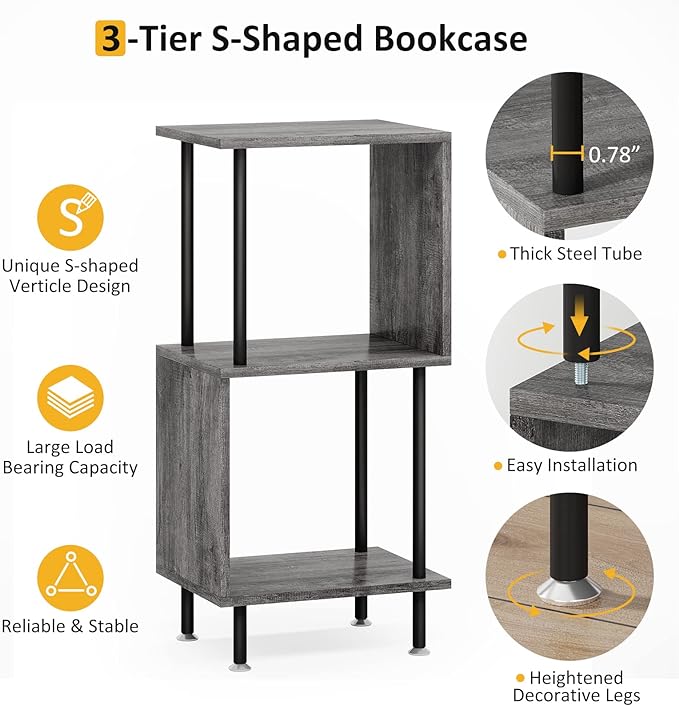 3 Tier Modern Bookshelf, S-Shaped Bookcase,Small Book Shelf for Small Spaces, Unique Bookshelf for Storage Organizer Living Room Bedroom Home Office, Grey - LeafyLoom