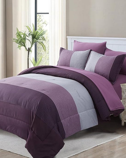 WONGS BEDDING Purple Comforter Set Queen, Reversible Purple Striped Patchwork Alternative Comforte Set for Queen Bed,3 Pieces(1 Comforter+2 Pillowcases), Soft Microfiber Bedding Set 90”×90” - LeafyLoom