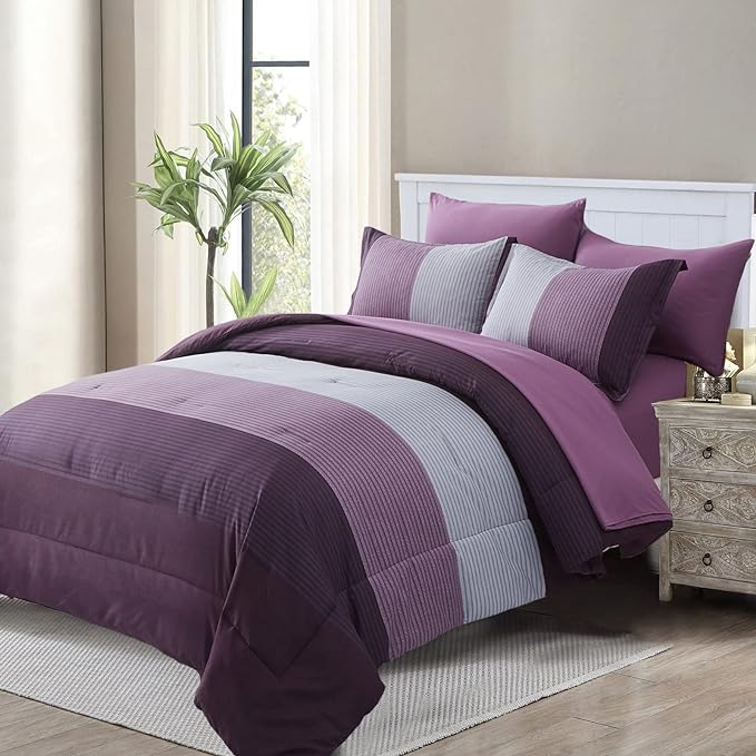 WONGS BEDDING Purple Comforter Set Queen, Reversible Purple Striped Patchwork Alternative Comforte Set for Queen Bed,3 Pieces(1 Comforter+2 Pillowcases), Soft Microfiber Bedding Set 90”×90” - LeafyLoom